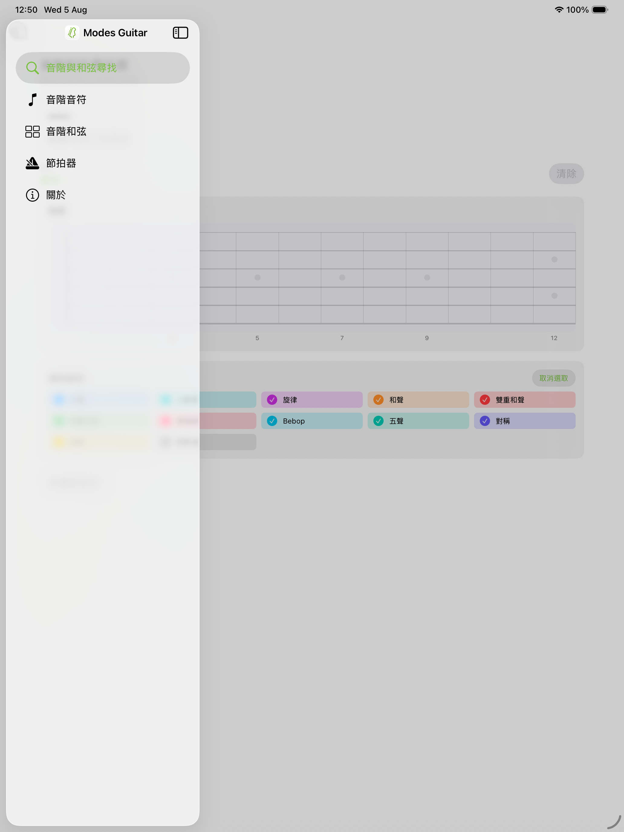 iPad上帶側邊欄的音階與和弦查找器